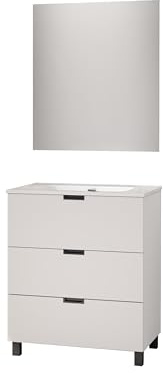 Baikal Mueble de Baño Tail. Conjunto de Baño de 3 Cajones con Patas, Apertura Mediante Triple uñero. Incluye Lavabo Cerámico. Mueble de Fondo de 46cm. Mueble MONTADO. con Espejo 70 cm Blanco
