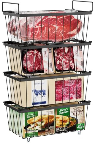 iSPECLE Chest Freezer Organiser - 4 Pack Stackable for 198L Deep Freezer | Easy-Lift Handles, Open Wire Design Helps Sort Meat, Veg, Frozen Meals, Kitchen Storage and Chest Freezer Access, Use, Trips