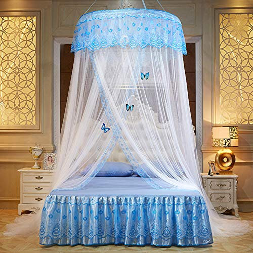 SETSCZY Prinzessin Moskitonetz, Doppelbett Baldachin Kuppel Hängebett Zelt Moskitoschutz Bett Baldachin Spitze Moskitonetz für Einzel- bis Kingsize-Betten Ideal für Schlafzimmer dekorativ,Blau
