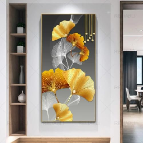 NXMYDBD Abstrakte goldene Ginkgo-Poster, Leinwanddrucke, Eingangsgemälde, Wandkunst, Bilder für Wohnzimmer, moderne Wohnkultur, Kunstwerk, 50 x 100 cm (20 x 39 Zoll), ungerahmt