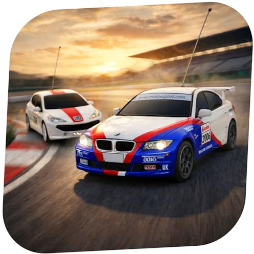 2 x RC ferngesteuerte mini Autos inkl. 213-teilige Rennstrecke im lizenzierten Design, Kompatibel mit BMW vs Peugeot 207 WRC f. Duelle, Maßstab 1:40, Spielzeug Fahrzeug m. LED-Beleuchtung und Rennbahn