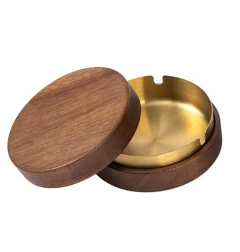 Aschenbecher für Draussen Aschenbecher mit Deckel, Holzaschenbecher mit Edelstahl, tragbarer dekorativer winddichter Aschenbecher Aschenbecher Zuhause(Gold)