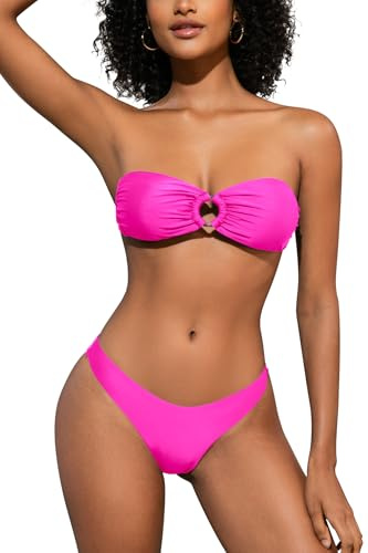 SHEKINI Women's Two Piece Swimsuit O Ring Strapless Bandeau Bikini Sets for Women with Sexy High Cut Cheeky Bottoms Beach Brazilian Swimwear, Magenta, M