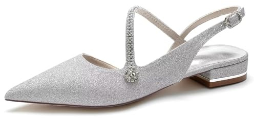 IvoireCh - Zapatos planos de satén con abalorio para mujer, cómodos zapatos de novia blancos con correa al tobillo, zapatos de fiesta de graduación, plateado, 40 EU