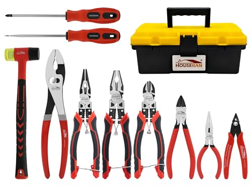 HOUSERAN 10-delars Professionella Verktygssats - Tung Duty CRV Polygriptång Set, Mångfunktionella Tänger, Gummihammare & Verktygslåda för El, Underhåll, Hemelektronik & Industri