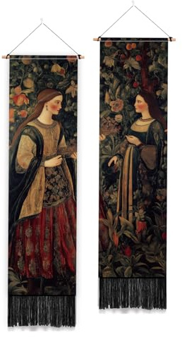 PLIGREAT 2er Pack Retro Mittelalter Dame Wandteppich mit Quasten | Vertikaler Wandbehang im mittelalterlichen Stil, Ästhetische Kunst-Tapisserie für Schlafzimmer, Wohnzimmer Heimdekoration