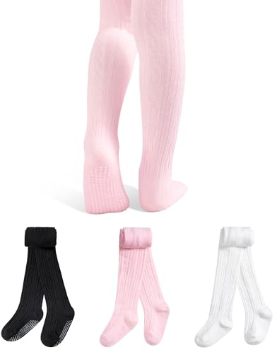 GENTABY Collant per neonati e bambine antiscivolo 3 paia di collant in cotone per bambini con motivo a treccia calze calde leggings 0-6 anni, 2-4 Jahre