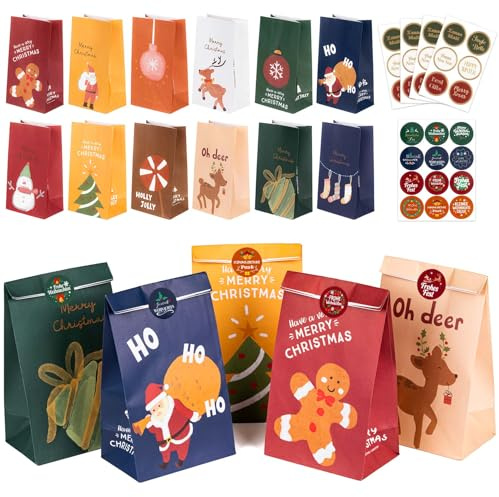 Adventskalender zum Befüllen – 24 große Geschenktüten mit Weihnachtsmotiven, Robuste Papiertüten für Adventskalender, inkl. Aufkleber, ideal für Geschenke, Süßigkeiten & Mitgebsel, 15 x 9,7 x 27 cm
