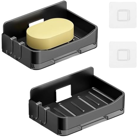 Dulynva 2 Piezas Jabonera Baño Pared Jabonera Ducha sin Taladro con Ganchos y Drenaje Jaboneras Autoadhesiva Porta Esponja Plástico Soporte para Jabón de Baño Cocina Fregadero (Negro)