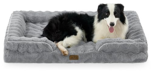 COZY KISS Kunstfell Orthopädisches Hundebett Waschbar für Extra Große Hunde | Weiches Hundesofa mit Erhöhter Rand, Rutschfest Hundecouch mit Wasserdichte Abnehmbar Bezug, 112x81cm, Grau