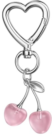 DONWOIE Schlüsselanhänger Kirsche, Taschenaccessoire für Damen | Süßer Schlusselband mit Silberherz-Haken und Rosa Kirschanhängern Geschenk für Frauen und Männer