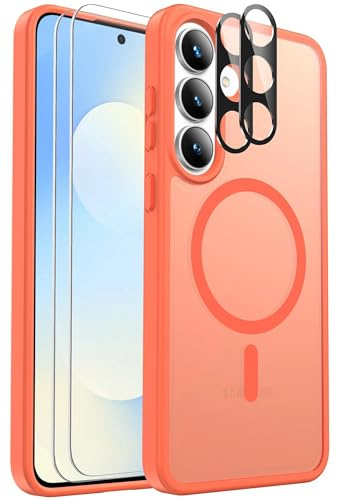 for Samsung Galaxy S25 FE Case Magnetic Shockproof, Fit for MagSafe, with Screen Protector X2 + Camera Lens Protector X2, Translucent Anti-Fingerprint Case for Samsung Galaxy S25 FE (Orange)