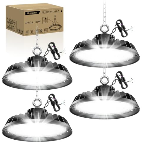 RUISUN 200W 4 Pack UFO LED High Bay Proyector Garage Light 34000LM Iluminación para taller 6000K 120 °Iluminación IP65 Lámpara industrial regulable 120W/160W/200W plantas de almacén de construcción