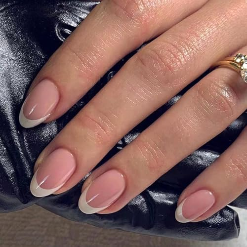 Viugex 24 Stück Nude Rosa Press on Nails, Kurz Französische Nägel zum Aufkleben mit Weiß Rand, Mandel Natürliche Acryl Fingernägel, Wiederverwendbare Kunstnägel für Frauen Mädchen Nail Art Maniküre