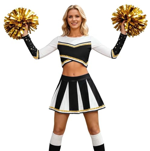 Karneval Kostüm Damen Cheerleading Uniform High School Cheer Leader Rock und Langarm Crop Top Set Faschingskostüme Schule Tanzshirt Kurz Bauchfrei Oberteil Mini Faltenrock