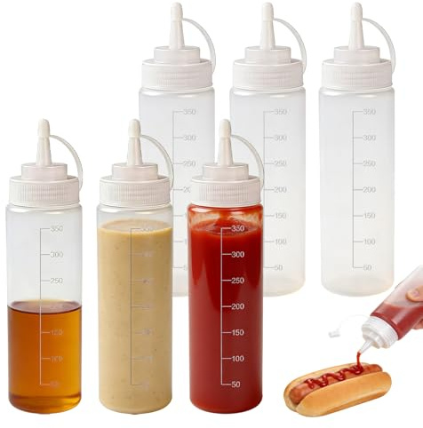6 Stück Quetschflasche, 250 ml Saucenflasche mit Skala Drehverschluss | Plastic, dosierflasche Soßenflaschen Spritzflasche für Ketchup Mayo Senf Saucen Haushalt und Restaurant