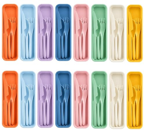 Akamino Plastic Cutlery Set of 16, 8 Colors Knives Forks and Spoons Travel Cutlery with Case, Portable Camping Utensils Set for Kids Adults, Lunch Box, Party or Daily Use