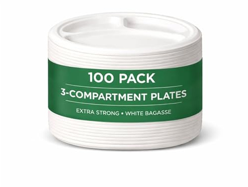 100 Stück Bagasse Teller 10 Zoll mit 3 Fächern, Einwegteller aus Zuckerrohr, PFAS-frei, extra stabil, für Catering, BBQ, Party und Veranstaltungen