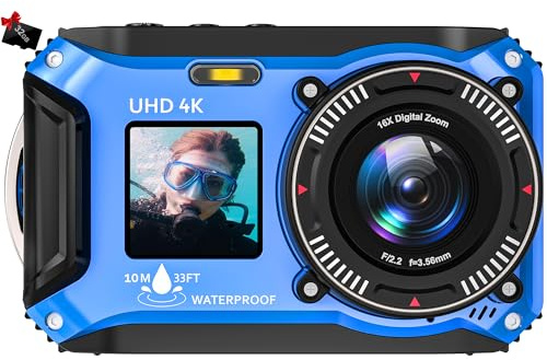 Underwater Camera, Yixinxin Waterproof Camera 4K 64MP Autofocus Dual-Screen Selfie with 32GB Card 33FT Digital Camera for Snorkeling Point and Shoot Digital Camera 1500mAh Battery