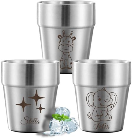 Edelstahl Becher Kinder Personalisiert mit Namen & Motiv graviert,2er-Set | Personalisierte Edelstahl-Trinkbecher für Jungen und Mädchen, Geschenk zur Geburt und Taufe