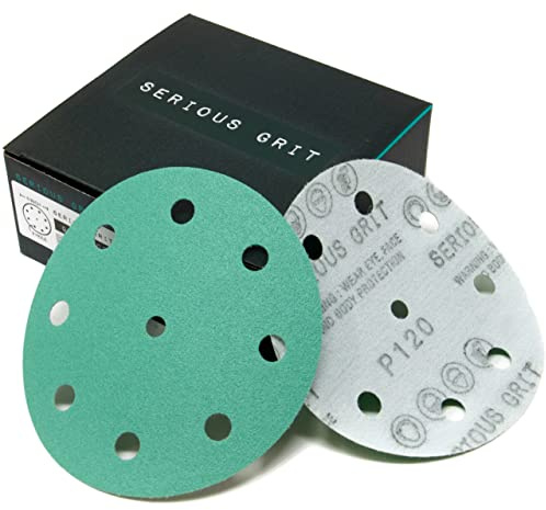 Serious Grit - 5-Inch 9-Hole 120 Grit Sanding Discs - Heavy-Duty Hook & Loop Film Discs - Sandpaper for Random Orbital Sanders - 50 Pack Box