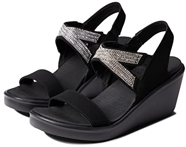 Skechers RUMBLE ON CHART TOPPER, Sandalias de Talón Abierto para Mujer, Negro Black Mitobuck Metal Clear Rhinestone Black, 36 EU