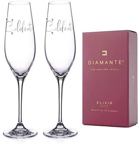 DIAMANTE Champagne Flutes Crystal Prosecco Glasses with “Celebrate” Slogan – Embellished with Swarovski Crystals – Gift Boxed Pair