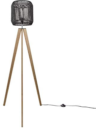 Paco Home Stehlampe Modern Wohnzimmer Schlafzimmer Rattan Optik Boho Korb Stehleuchte E27, Lampenfuß: Stehleuchte Holz, Lampenschirm: Schwarz (Ø28 cm)
