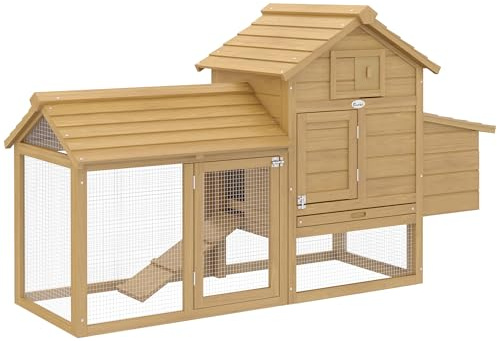 PawHut Pollaio per Galline Ovaiole da Esterno in Legno con Recinzione per Giardino, Casetta per 2 Galline, 151.5x54x87cm, Color Legno