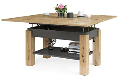 Schöner All4All Couchtisch Bresso 130x65 - Wohnzimmertisch - Klapptisch - Couchtisch höhenverstellbar - mit Ablagefach - Sofatisch mit Stauraum - Artisan mit Anthrazit 05 (Artisan Eiche + Anthrazit)