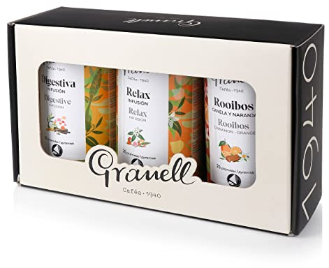 Granell Cafes- 1940 - Caja de Regalo 3 Variedades Infusión [ Digestiva, Relax y Rooibos ] | Regalo para Amantes de las Infusiones con 25 Piramides por Lata 100% Naturales