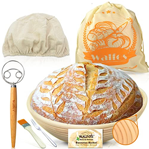 Gärkorb zum Brotbacken-Set - Walfos 23 cm Rundes Banneton Sauerteigbrotkorb im französischen Stil, Proofing Rising Rattan Bowl Set, 100% natürliches Rattan, ideal für Heim- und professionelle Bäcker