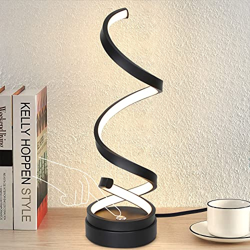 ZMH Nachttischlampe Touch Dimmbar LED Tischlampe - 12W Modern Tischleuchte Wohnzimmer mit 1,6M Kabel Schwarze Schreibtischlampe in Spiralförmigen Design Nachtlicht für Schlafzimmer Kinderzimmer