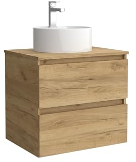 Mueble de baño Bequia 60 cm con Lavabo 100% montado de fábrica | Acabado Roble suspendido 2 cajones Cierre amortiguado Apertura con uñero | Lavabo sobre encimera | Marca Salgar