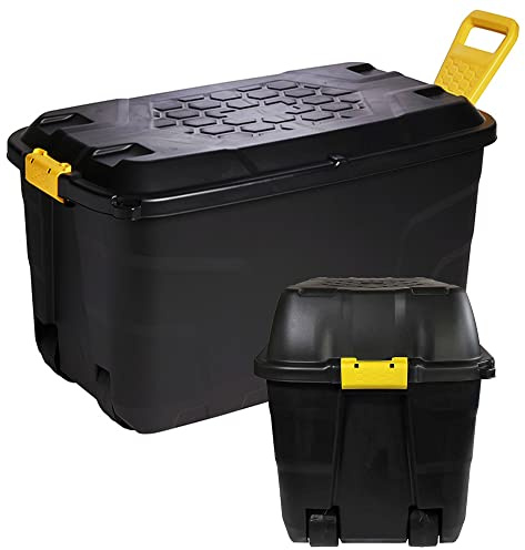 STORM TRADING GROUP Heavy Duty Black Storage Trunk With Wheels & Handles - 110 & 145 Litre XL Capacity for Indoor & Outdoor Use (2 Boxes)