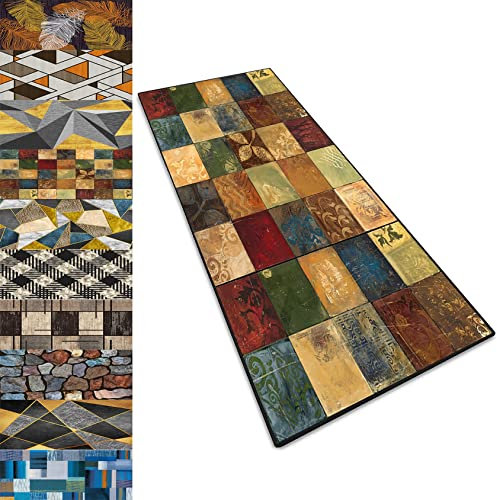 Schaffell Teppich 90x480cm Patchwork Muster im Vintage Look Küchenteppich Waschbar rutschfest Küchenläufer Anpassbar Teppichläufer Meterware für Wohnzimmer, Flur, Küche D