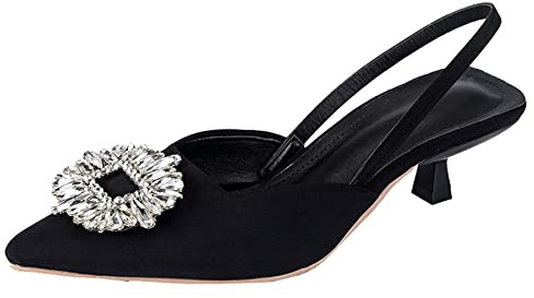 OALEEN Escarpin Femme Chaussure à Petit Talon Ouverte Bride arrière Bout Pointu Strass PU Cuir Eté Soirée Noir 38