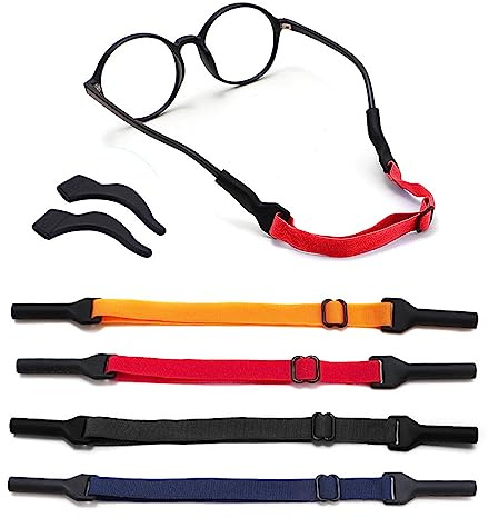 AWAVM Verstellbares Brillenband, universeller Brillenhalter mit 4 Farben und 4 schwarzen Halterungen, moderner Stil, mehrfarbige Polyesterbänder mit Hakenverschluss, 4 Stück