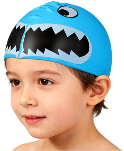Kisangel Silicone Swim Cap for Kids, Waterproof Small Fish Swimming Hat with Ear Protection, Durable Boys & Girls Bathing Caps, Professional School Pool Accessory, Blue