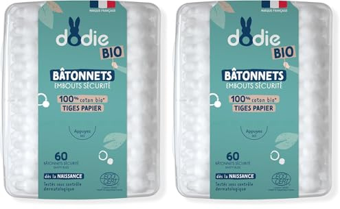 Dodie Wattestäbchen für Babys, Bio, ab der Geburt, 60 Stück (Packung mit 2)