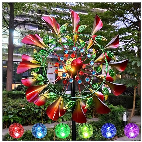 JUNZAI Solar Windrad Garten, 210cm Groß Windrad Garten Metall Gross XXL, mit LED-Licht Windrad Balkon, Wetterfestes Gartendeko
