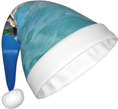 VTCTOASY Schöne Weihnachtsmannmütze mit Strandaufdruck, Unisex, Plüsch, Weihnachtsmütze für Neujahr, festliche Party