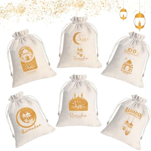 Ramadan zum Befüllen, 6 Stück Geschenksäckchen zu Ramadan, Geschenktüten Eid Mubarak Tüten, Ramadan Geschenktüten mit Zugband 13 * 18cm
