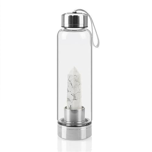 Natural Crystal Water Bottle Reusable Water Bottle With Gemstone Center Healing Obelisk Wand Elixir Quartz Crystal Water Bottle Quartz Crystal Wand Point Reiki Healing Crystal Glass Bottle ( Color : T