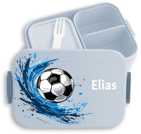 Kinder Bento Box Midi Lunchbox für Mepal Bentobox - Fußball Geschenk Fußballfan mit Name personalisiert I Fußballer I Fußballmotiv Junge - 900 ml - Hellblau - butterbrotdose jungen schule