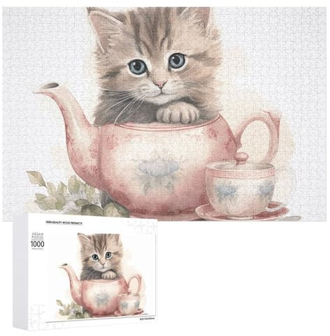 Jigsaw Puzzles for Adults 1000 Piece Jigsaw Puzzle Challenging GameCat Holding Teacup Puzzle with Letters on Back Personalized Puzzle Perfect for Game Nights