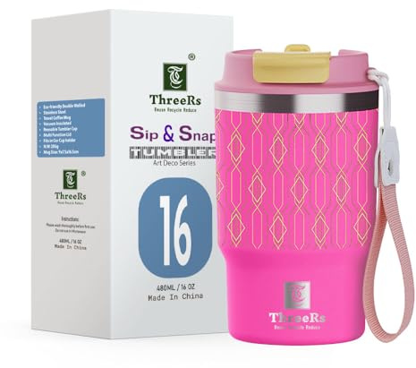ThreeRs Série Art Deo – Gobelet à café de voyage isotherme avec paille anti-fuite, double paroi en acier inoxydable 304 pour boissons chaudes et froides, 480 ml, rose