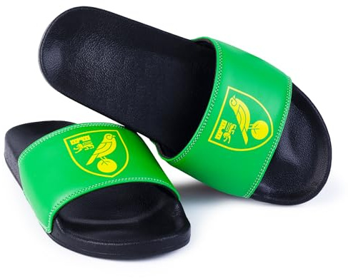 Norwich City FC Adult Slider Sandals (UK 9-10) Official Licensed Football Slippers for Boys Girls Comfortable Summer Shoes Perfect Fan Gift