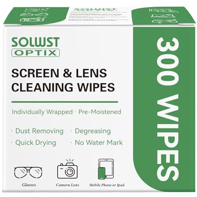 SOLWST Optix Lens Cleaning Wipes, 300 Pre-Moistened, Ethanol-Free Formula | Individually Wrapped, For Eyeglasses, Camera Lenses, Tablets, Phones, Computer Screens, Multi-Surface Use
