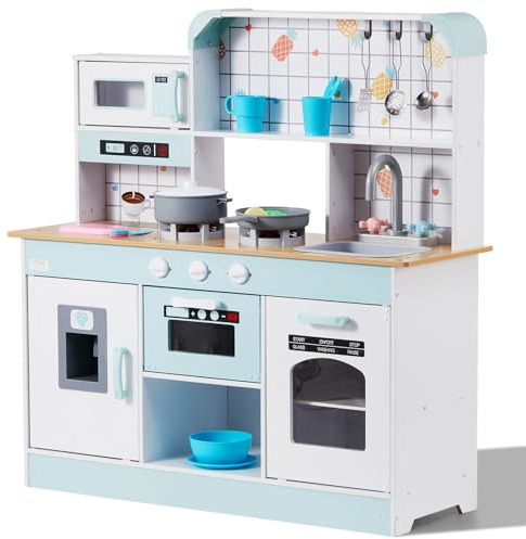 VEVOR Juego de Cocina de Madera de Diseño Integrado con Luces y Sonidos, Máquina de Hielo, Horno, Fregadero, Microondas, Frigorífico y Utensilio y Accesorio de Fruta para Niños de 3 a 8 años, Blanco